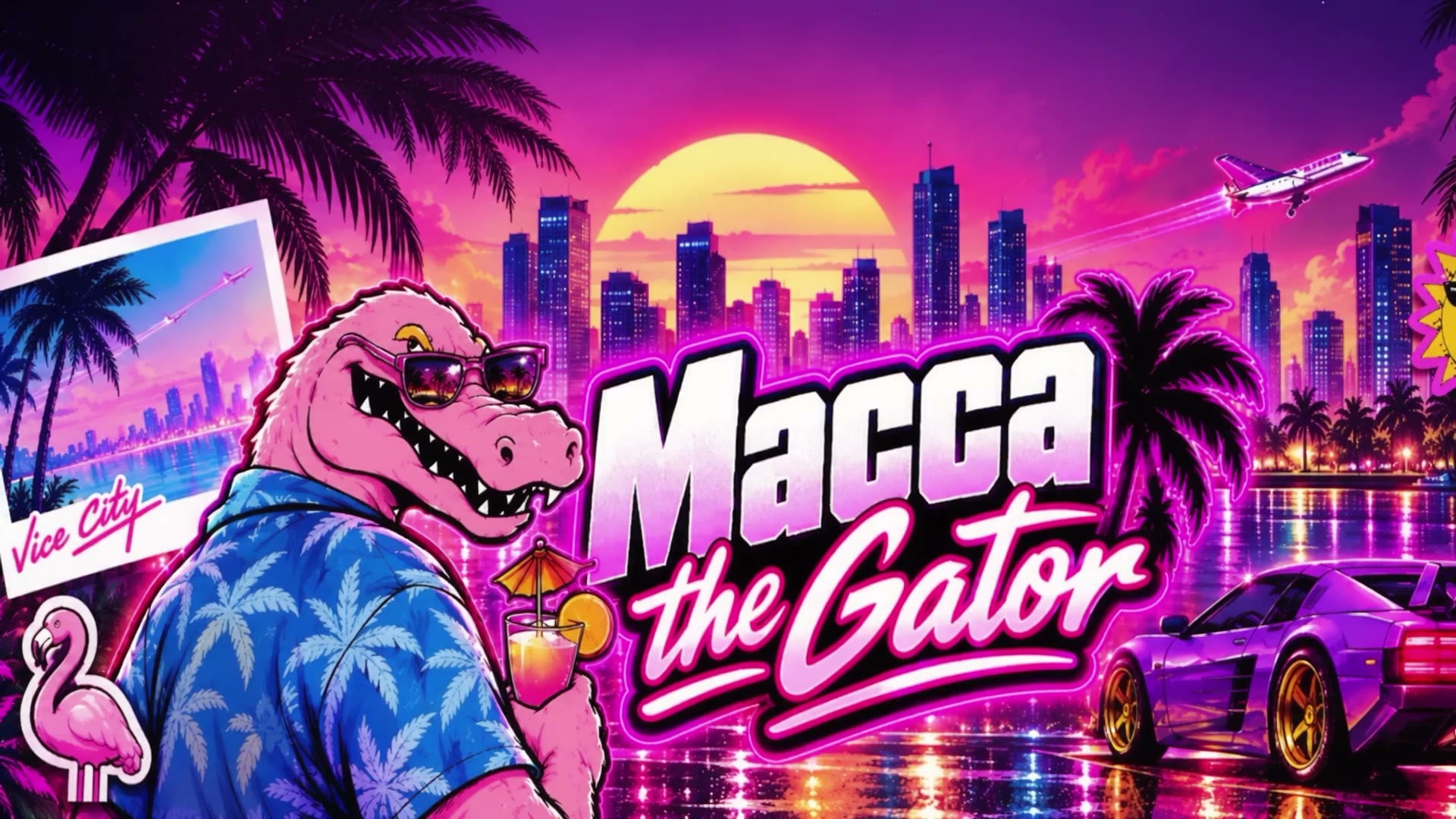 MACCA THE GATOR — the pink alligator in sunglasses and a blue tropical shirt, cocktail in hand, in front of a neon Vice City skyline at sunset with a purple sports car.