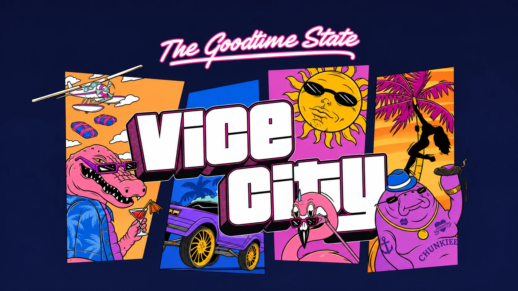 Official Vice City poster art featuring Macca the pink gator holding a cocktail beside a seaplane, a lowrider and a cool sun.